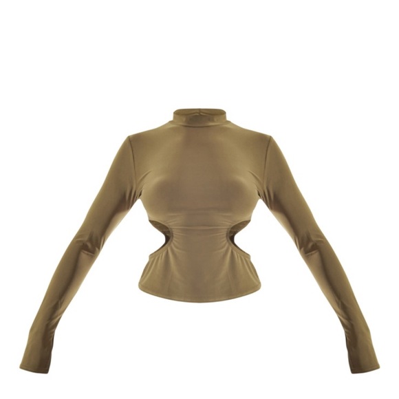 Khaki long sleeve cutout top - Picture 1 of 5